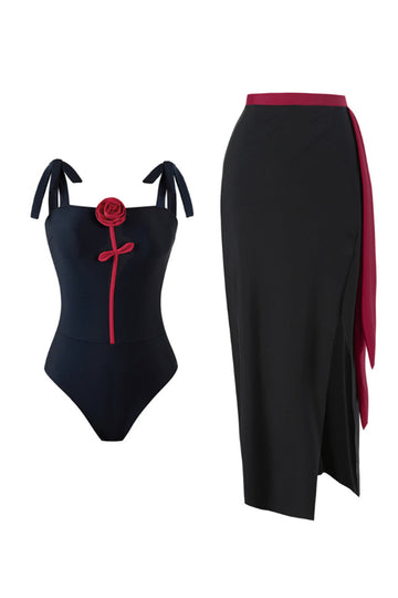 Maillot de bain une pièce 3D fleur noir avec couverture